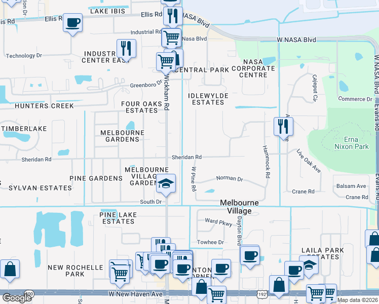 map of restaurants, bars, coffee shops, grocery stores, and more near 588 West Pine Road in Melbourne