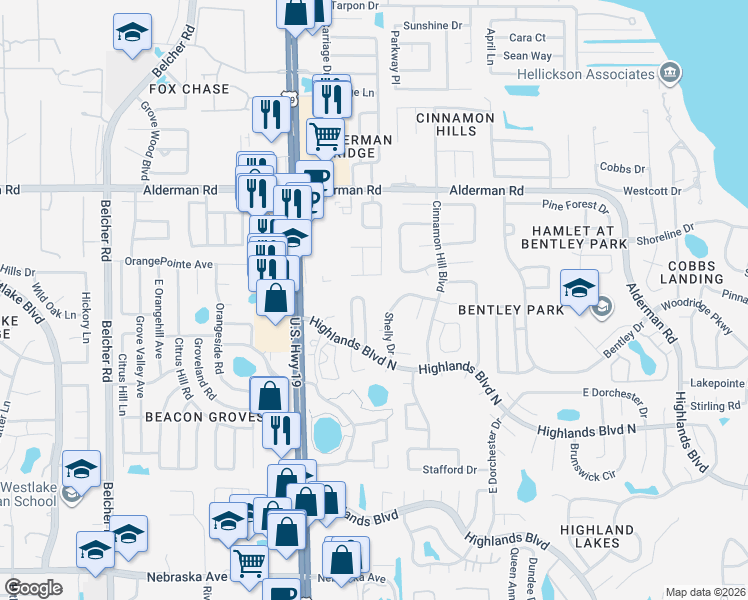 map of restaurants, bars, coffee shops, grocery stores, and more near 2297 Lark Circle East in Palm Harbor