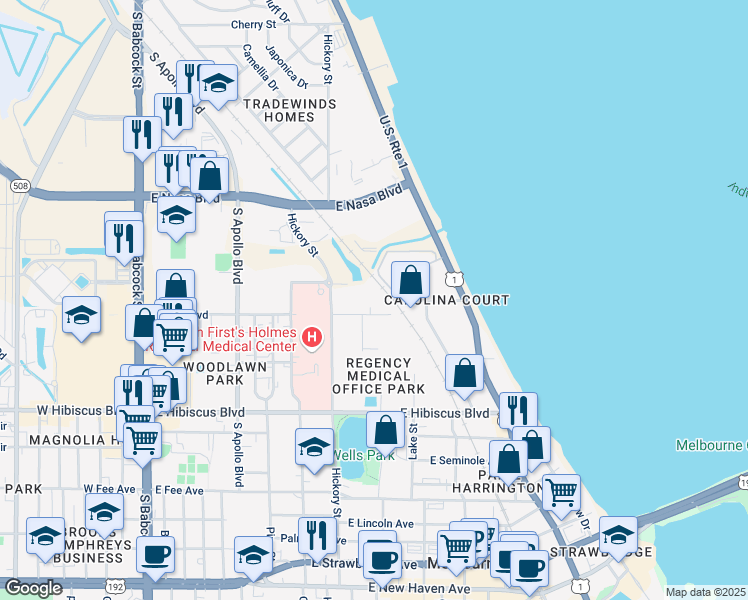 map of restaurants, bars, coffee shops, grocery stores, and more near 606 East Sheridan Road in Melbourne