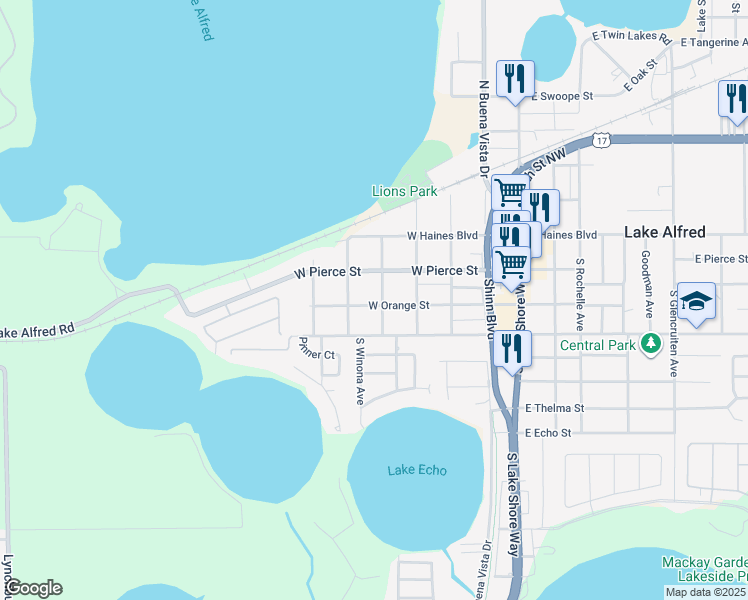 map of restaurants, bars, coffee shops, grocery stores, and more near 560 West Orange Street in Lake Alfred
