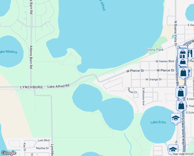 map of restaurants, bars, coffee shops, grocery stores, and more near 1055 West Pierce Street in Lake Alfred
