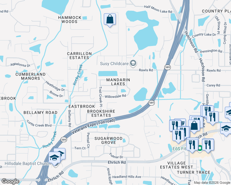map of restaurants, bars, coffee shops, grocery stores, and more near 15114 Willowdale Road in Tampa
