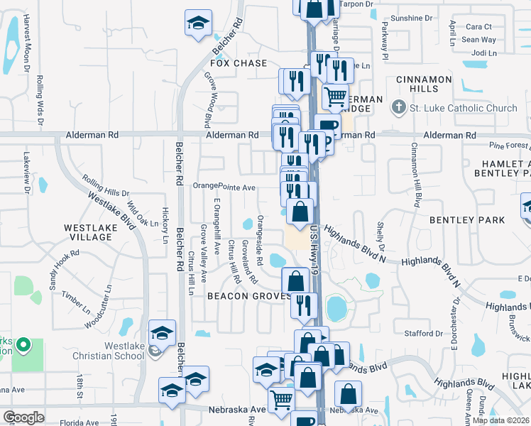 map of restaurants, bars, coffee shops, grocery stores, and more near 2296 Orangeside Road in Palm Harbor