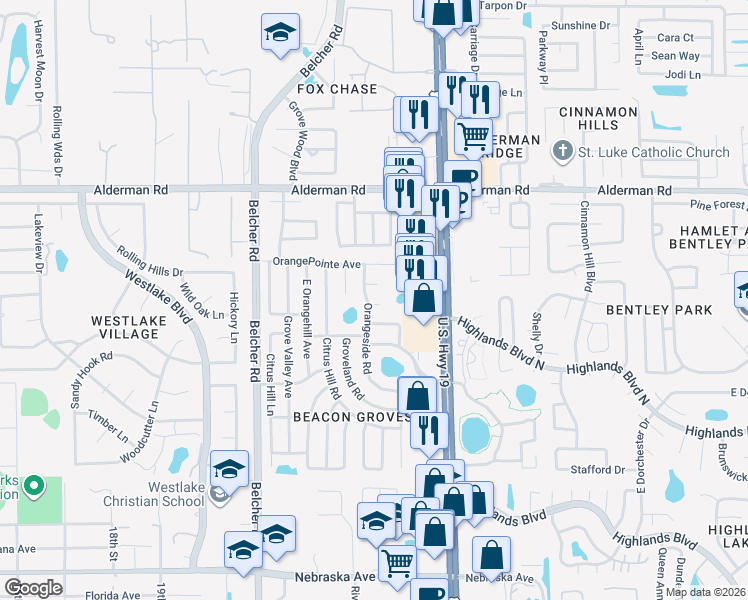 map of restaurants, bars, coffee shops, grocery stores, and more near 2296 Orangeside Road in Palm Harbor