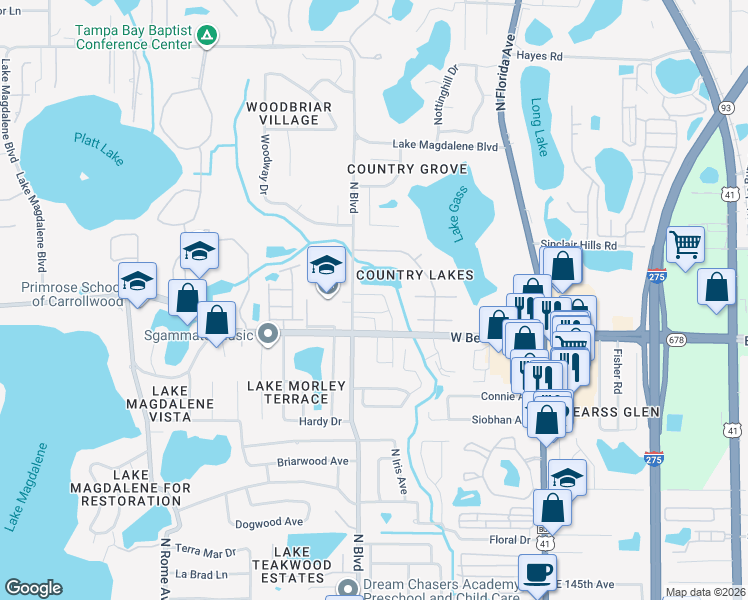 map of restaurants, bars, coffee shops, grocery stores, and more near 807 Monaco Drive in Tampa