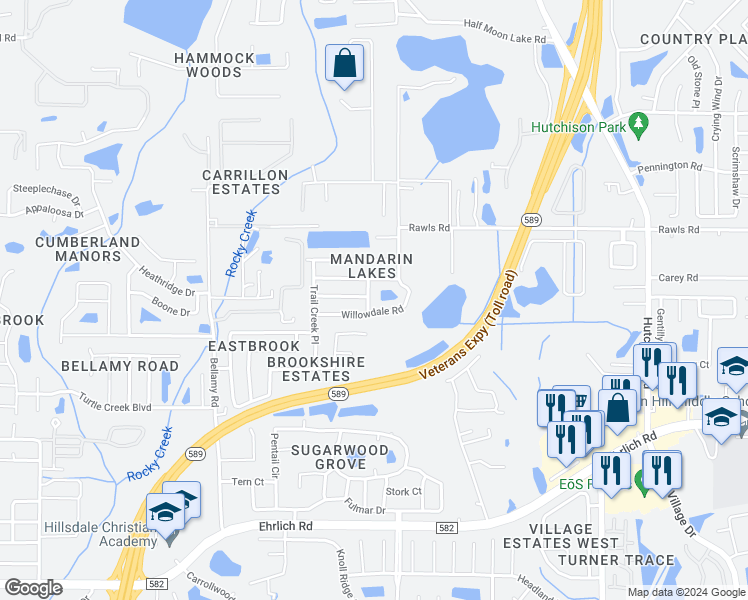 map of restaurants, bars, coffee shops, grocery stores, and more near 15103 Lake Holly Place in Tampa