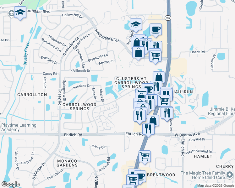 map of restaurants, bars, coffee shops, grocery stores, and more near 4002 Carrollwood Springs Boulevard in Tampa