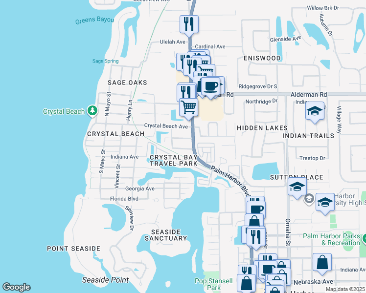 map of restaurants, bars, coffee shops, grocery stores, and more near 121 Maryland Avenue in Palm Harbor