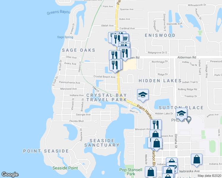 map of restaurants, bars, coffee shops, grocery stores, and more near 121 Maryland Avenue in Palm Harbor