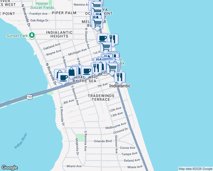 map of restaurants, bars, coffee shops, grocery stores, and more near 309 Shannon Avenue in Indialantic