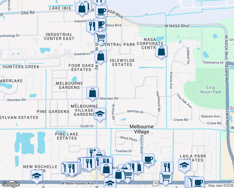 map of restaurants, bars, coffee shops, grocery stores, and more near 588 West Pine Road in Melbourne