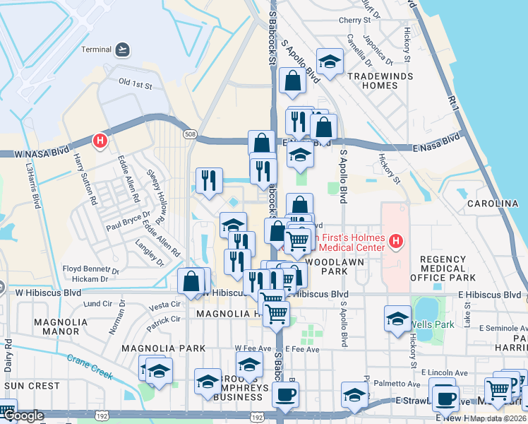 map of restaurants, bars, coffee shops, grocery stores, and more near 1300 South Babcock Street in Melbourne