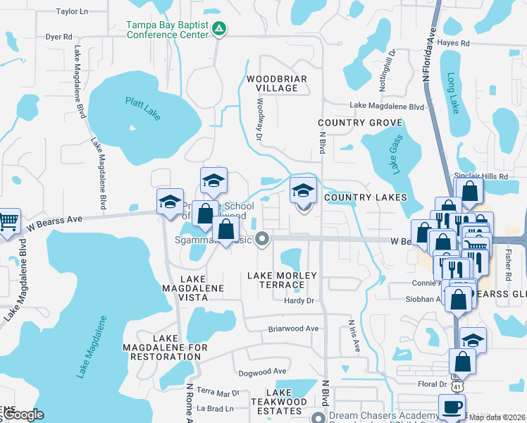 map of restaurants, bars, coffee shops, grocery stores, and more near 15022 Blue Quaker Place in Tampa