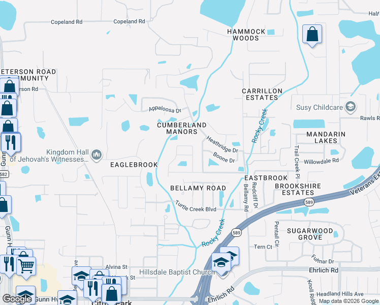 map of restaurants, bars, coffee shops, grocery stores, and more near 15107 Nighthawk Drive in Tampa