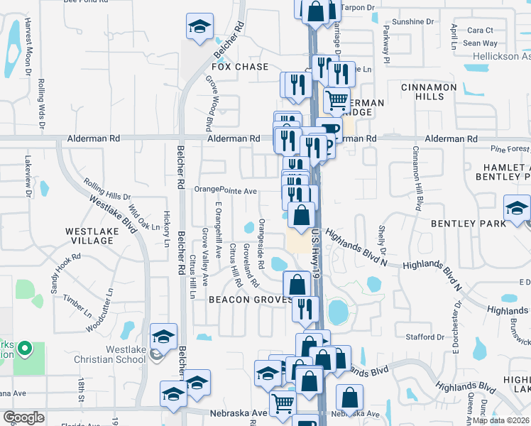 map of restaurants, bars, coffee shops, grocery stores, and more near 2296 Orangeside Road in Palm Harbor
