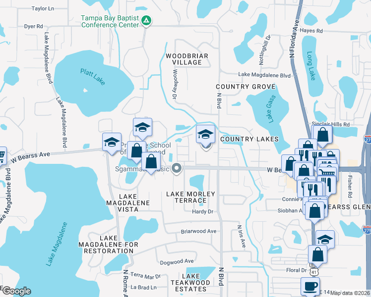 map of restaurants, bars, coffee shops, grocery stores, and more near 1009 Rose Blossom Court in Tampa