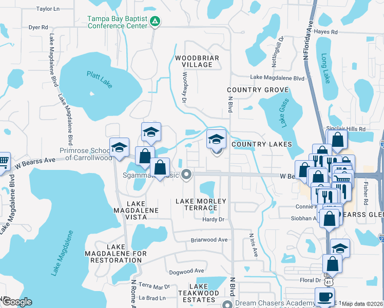 map of restaurants, bars, coffee shops, grocery stores, and more near 15022 Blue Quaker Place in Tampa