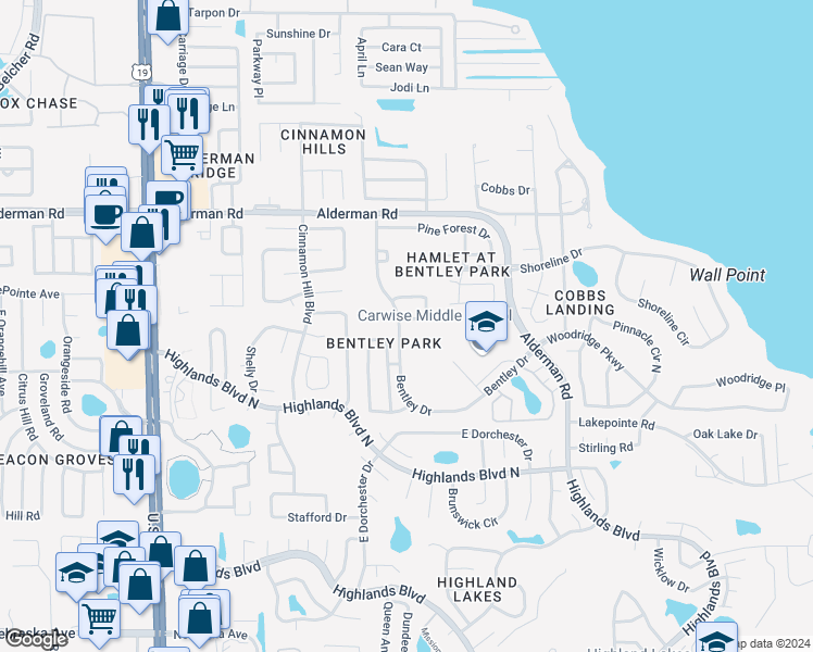 map of restaurants, bars, coffee shops, grocery stores, and more near 2932 Shannon Circle in Palm Harbor