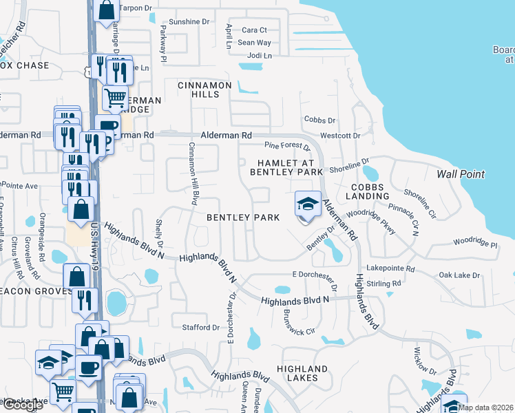 map of restaurants, bars, coffee shops, grocery stores, and more near 2351 Bentley Drive in Palm Harbor