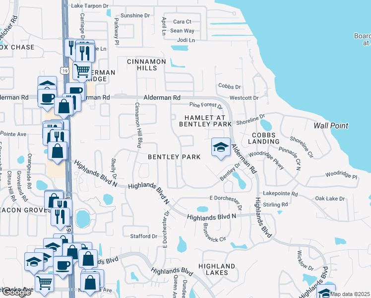 map of restaurants, bars, coffee shops, grocery stores, and more near 2932 Shannon Circle in Palm Harbor