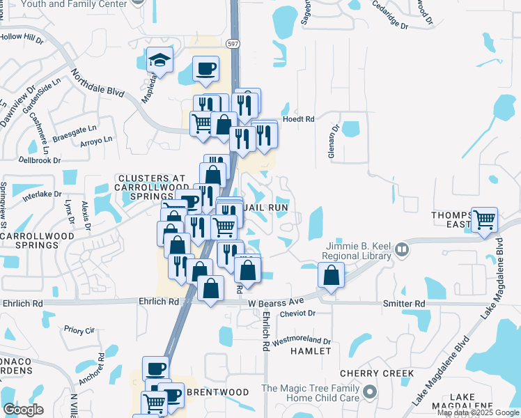 map of restaurants, bars, coffee shops, grocery stores, and more near 15238 East Pond Woods Drive in Tampa