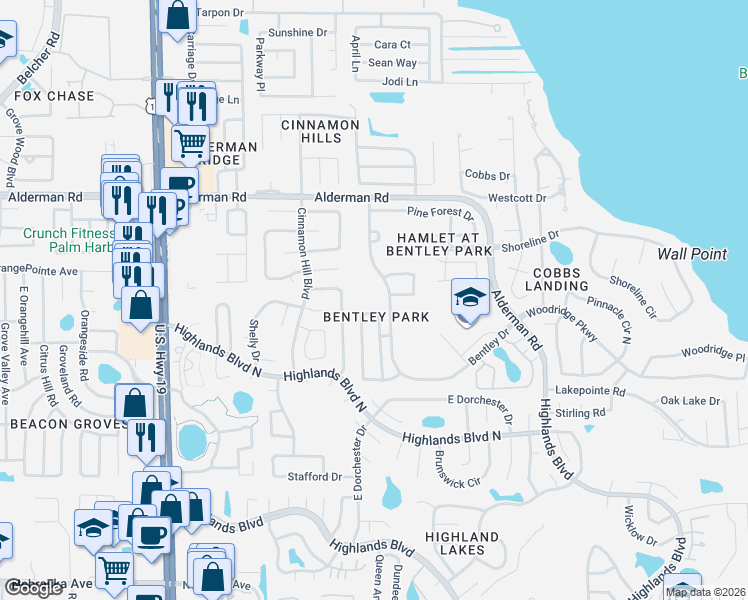 map of restaurants, bars, coffee shops, grocery stores, and more near 2948 Shannon Circle in Palm Harbor