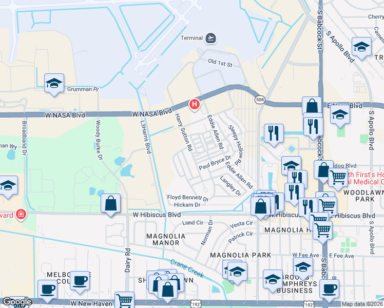 map of restaurants, bars, coffee shops, grocery stores, and more near 1218 Harry Sutton Road in Melbourne