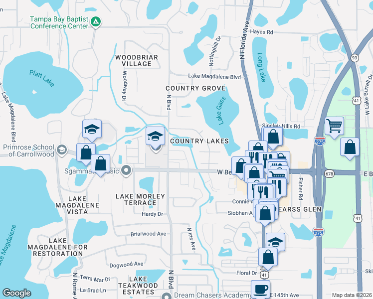 map of restaurants, bars, coffee shops, grocery stores, and more near 611 Blue Gill Court in Tampa
