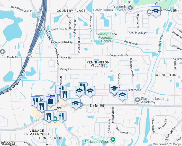 map of restaurants, bars, coffee shops, grocery stores, and more near 5107 Alice Road in Tampa