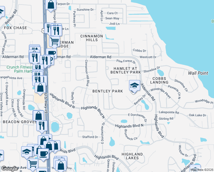 map of restaurants, bars, coffee shops, grocery stores, and more near 2948 Shannon Circle in Palm Harbor