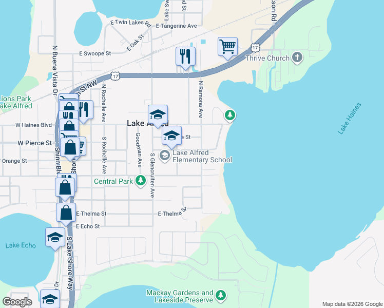 map of restaurants, bars, coffee shops, grocery stores, and more near 645 Hillside Circle in Lake Alfred