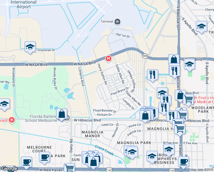 map of restaurants, bars, coffee shops, grocery stores, and more near 1218 Harry Sutton Road in Melbourne