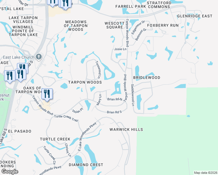 map of restaurants, bars, coffee shops, grocery stores, and more near 3368 Pattie Place in Palm Harbor