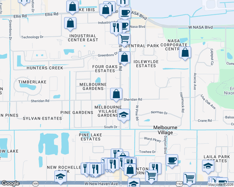 map of restaurants, bars, coffee shops, grocery stores, and more near 1044 South Wickham Road in Melbourne