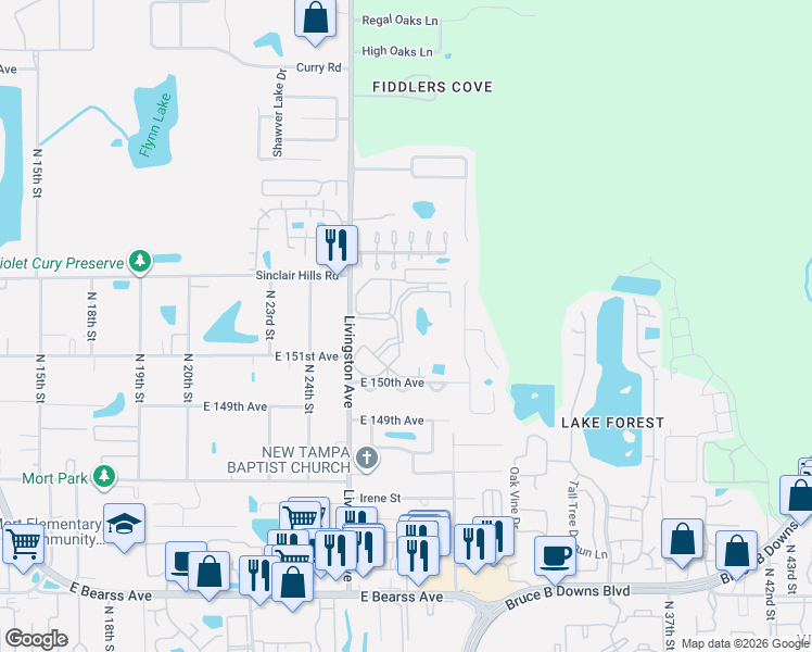 map of restaurants, bars, coffee shops, grocery stores, and more near 2610 Rustic Ridge Loop in Lutz