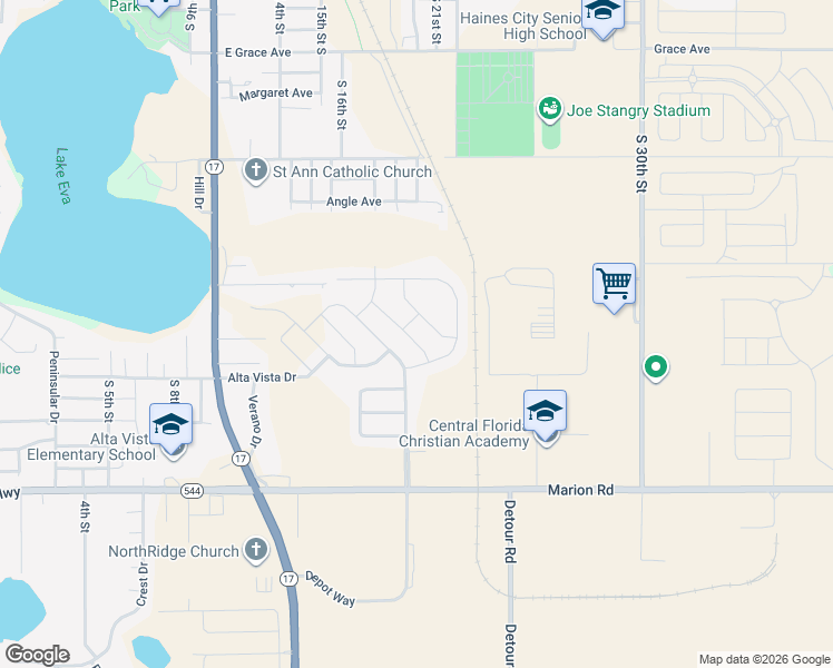 map of restaurants, bars, coffee shops, grocery stores, and more near 240 Sutherland Drive in Haines City