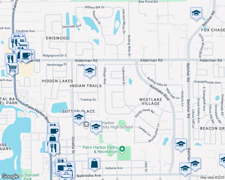 map of restaurants, bars, coffee shops, grocery stores, and more near 847 Hillside Drive in Palm Harbor