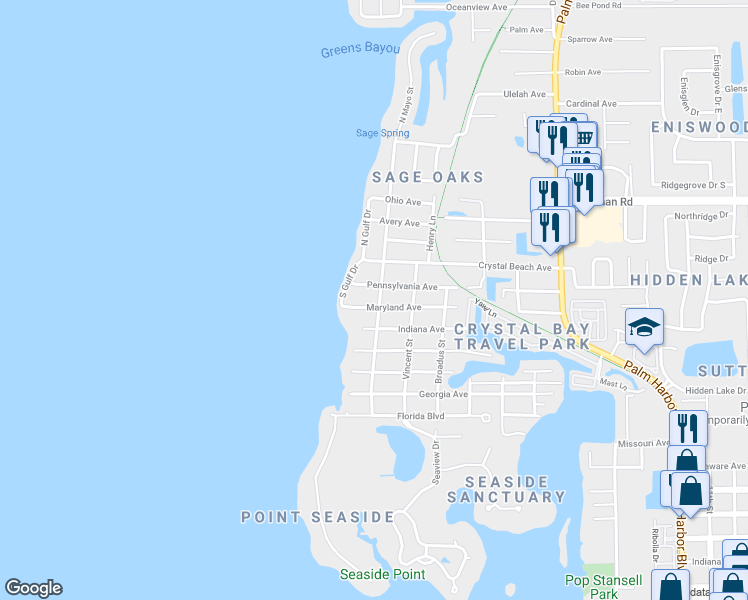 map of restaurants, bars, coffee shops, grocery stores, and more near 204 Mayo Street in Palm Harbor