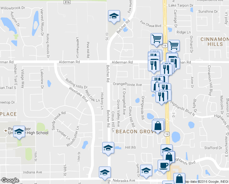 map of restaurants, bars, coffee shops, grocery stores, and more near 2431 Grove Ridge Drive in Palm Harbor
