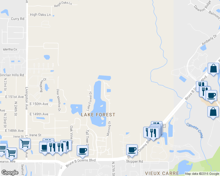 map of restaurants, bars, coffee shops, grocery stores, and more near 15617 Morning Drive in Lutz