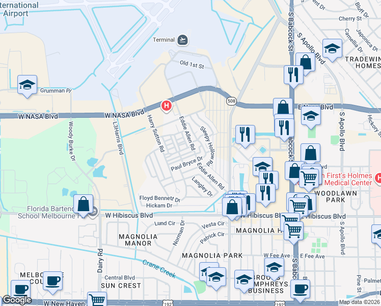 map of restaurants, bars, coffee shops, grocery stores, and more near 601-641 Blueberry Ln in Melbourne