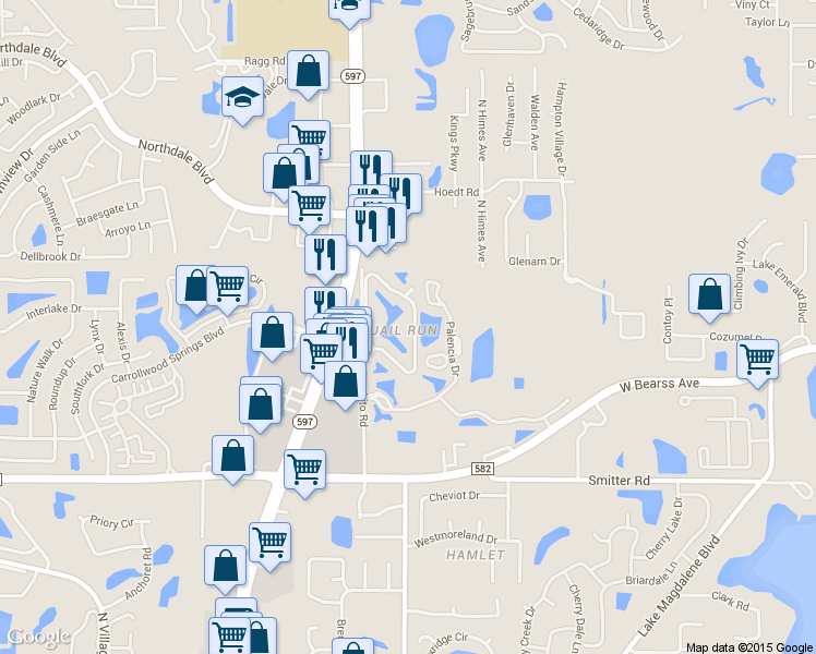 map of restaurants, bars, coffee shops, grocery stores, and more near 15338 East Pond Woods Drive in Lake Magdalene