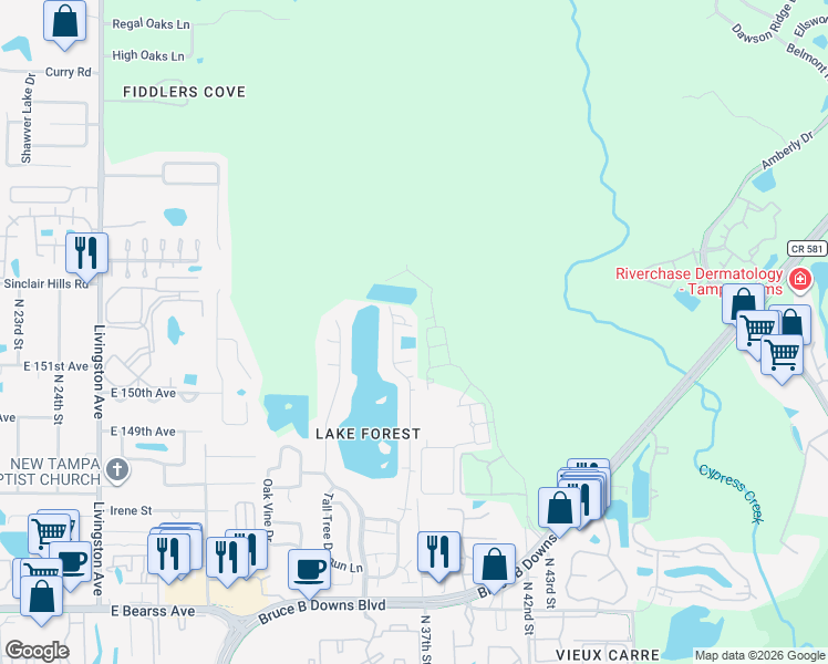 map of restaurants, bars, coffee shops, grocery stores, and more near 15617 Morning Drive in Lutz