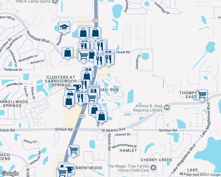 map of restaurants, bars, coffee shops, grocery stores, and more near 15338 East Pond Woods Drive in Lake Magdalene