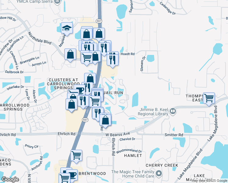 map of restaurants, bars, coffee shops, grocery stores, and more near 15338 East Pond Woods Drive in Lake Magdalene