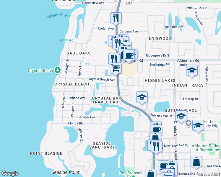 map of restaurants, bars, coffee shops, grocery stores, and more near 131 Pennsylvania Avenue in Palm Harbor