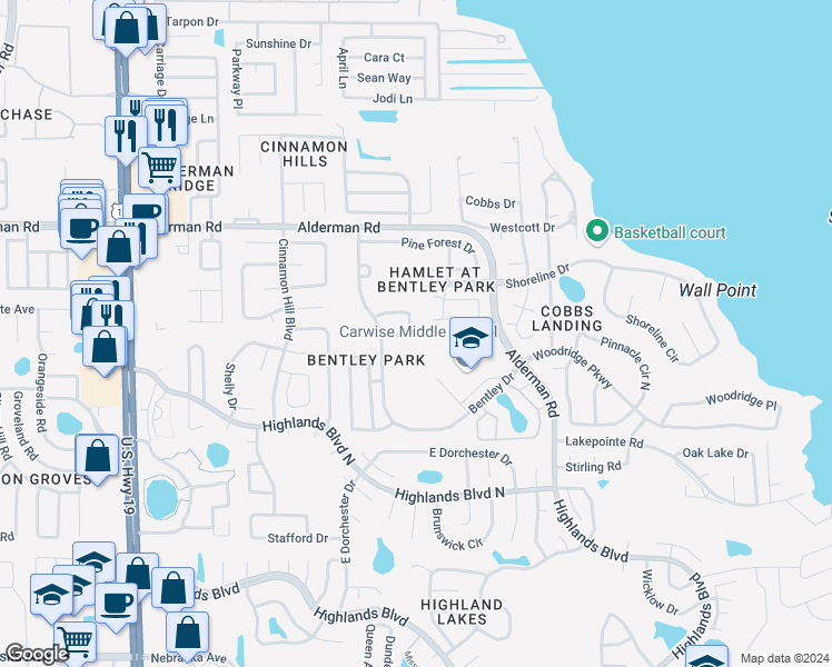 map of restaurants, bars, coffee shops, grocery stores, and more near 2399 Bentley Drive in Palm Harbor
