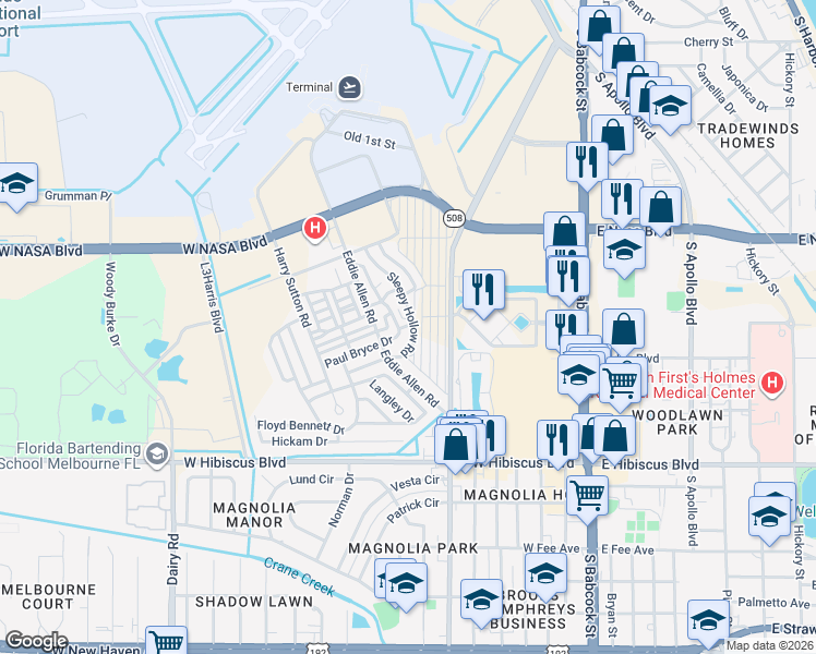 map of restaurants, bars, coffee shops, grocery stores, and more near Tradewind Drive in Melbourne