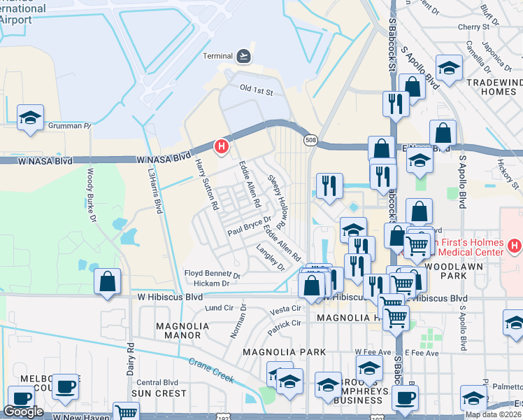 map of restaurants, bars, coffee shops, grocery stores, and more near 1154-1204 Paul Bryce Drive in Melbourne