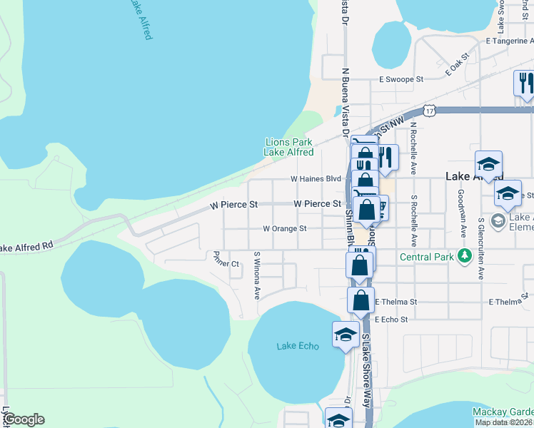 map of restaurants, bars, coffee shops, grocery stores, and more near 560 West Pierce Street in Lake Alfred